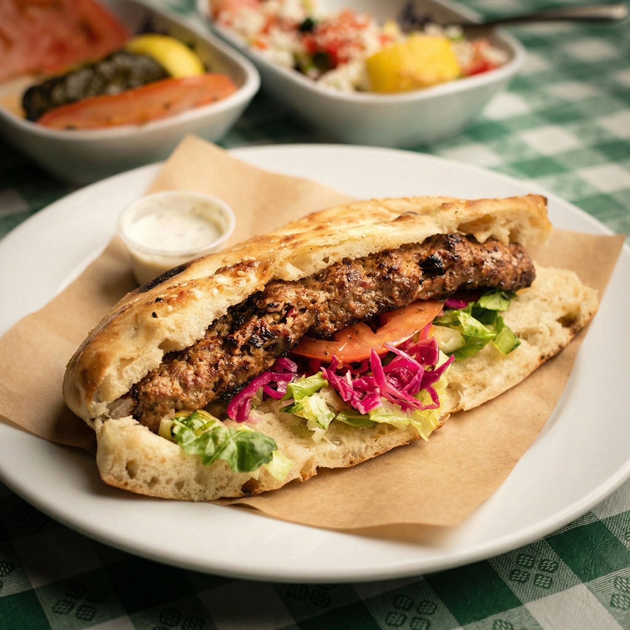 Adana Kebab Sandwich - Spicy Turkish-Syrian kebab at Aleppo's House Restaurant Saskatoon